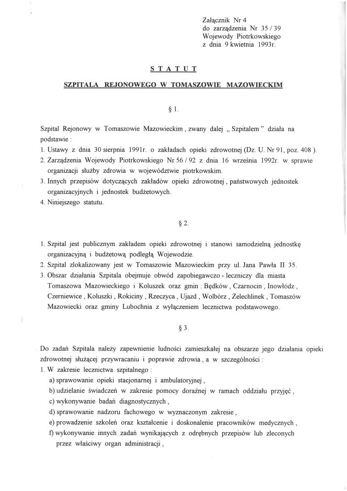 Statut szpitala, 1993 r.